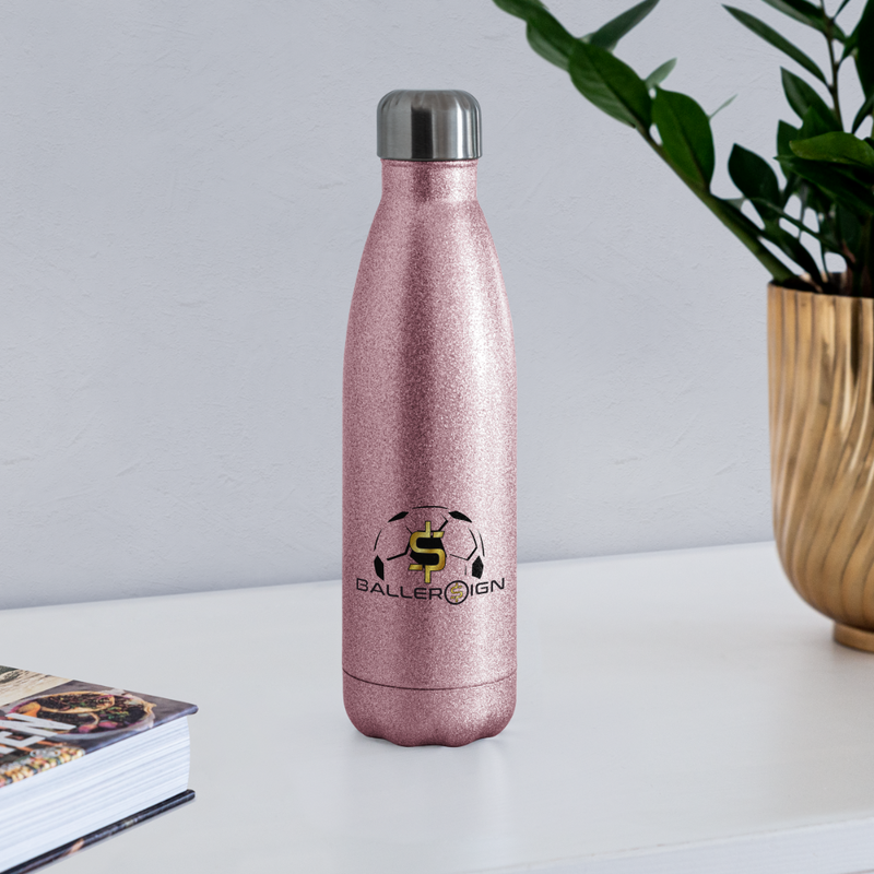 Insulated Stainless Steel Water Bottle Soccer/banner - pink glitter